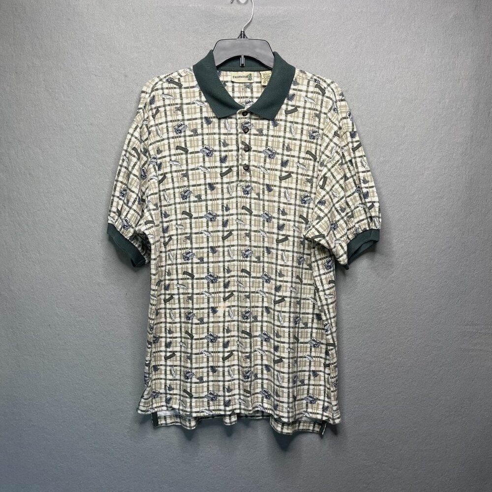 Fieldmaster Mens Green Plaid & Pinecone Polo Shirt L 100% Cotton Short Sleeve